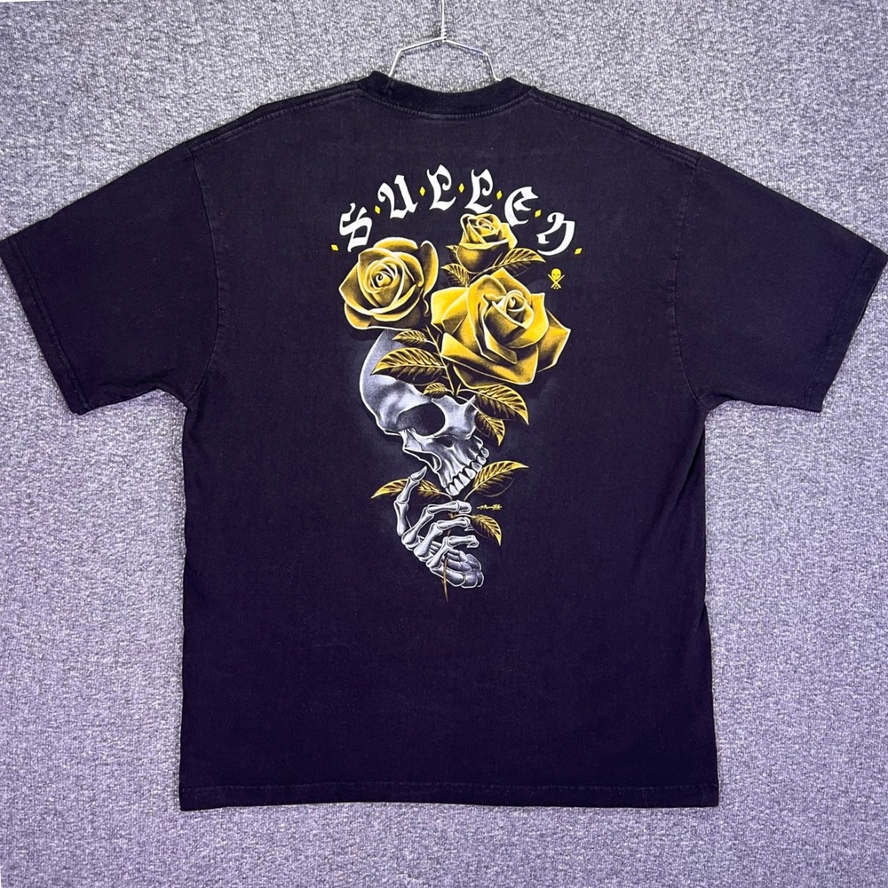 Sullen Art Collective Graphic Tee Mens XL Black Skull Yellow Roses Tattoo Art